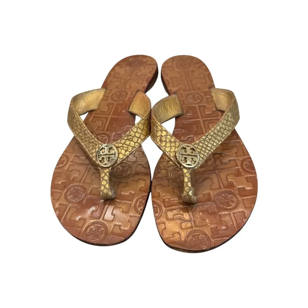 Tory Burch Thora 2 Metallic Tumbled Snake Print Gold Flip Flops 7